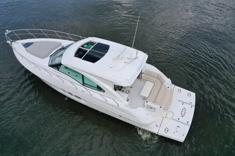 Slide: The Image of 2017 Cruisers Yachts 45 Cantius luxury boat on water, aerial view. - 5