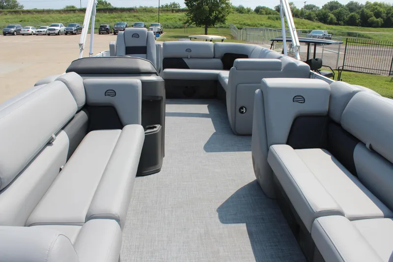 Slide: The Image of 2026 Sun Tracker Party Barge 20 DLX interior with spacious seating and modern design. - 12