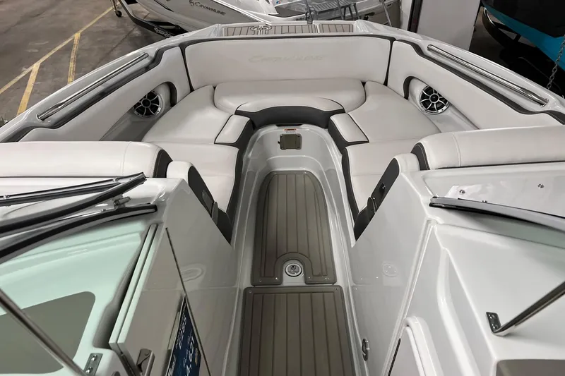 Slide: The Image of 2023 Crownline E285 boat interior with luxurious seating and modern design. - 3