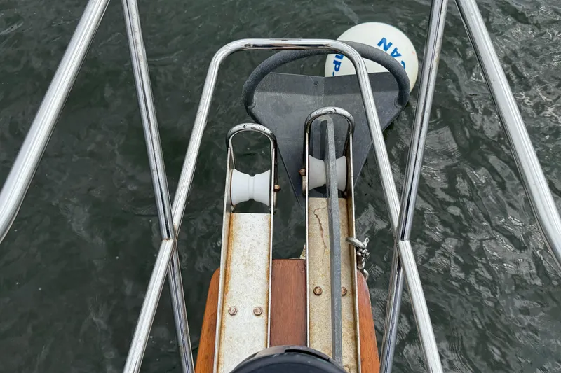 Slide: The Image of Bow view of 2008 Island Packet 370 sailboat with anchor and railing. - 30