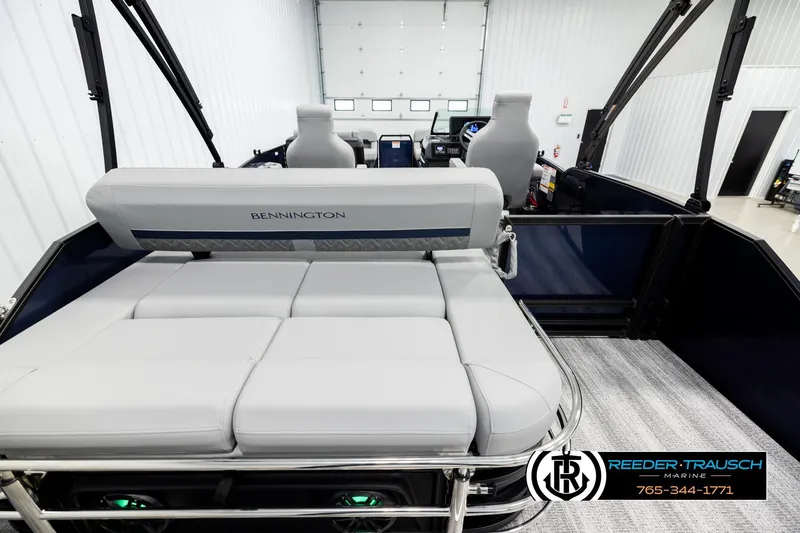 Slide: The Image of 2026 Bennington 22 MSBSE pontoon boat interior with plush seating and modern design. - 16