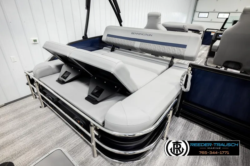 Slide: The Image of 2026 Bennington 22 MSBSE pontoon boat interior with adjustable seating and modern design. - 27