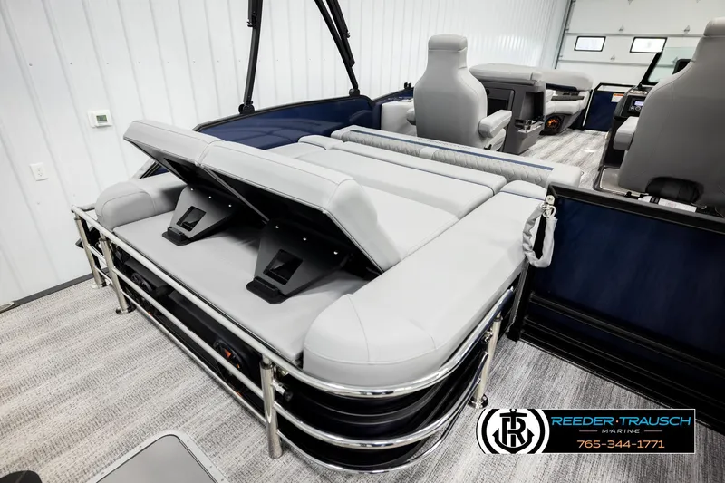 Slide: The Image of 2026 Bennington 22 MSBSE pontoon boat interior with adjustable seating and modern design. - 28