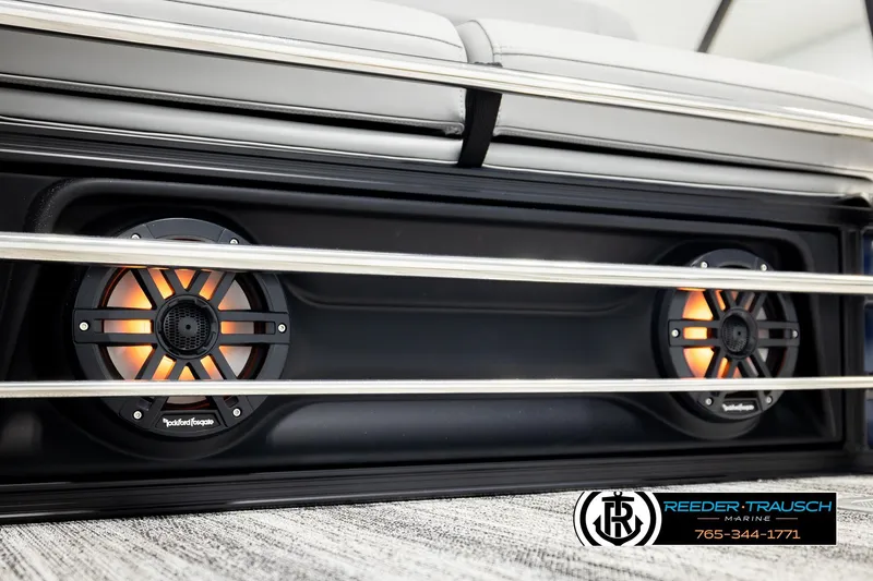 Slide: The Image of 2026 Bennington 22 MSBSE boat speakers with illuminated Rockford Fosgate audio system. - 48