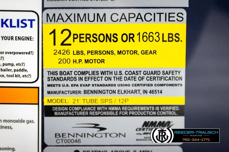 Slide: The Image of Capacity label for 2026 Bennington 22 MSBSE, 12 persons or 1663 lbs, 200 HP motor. - 56