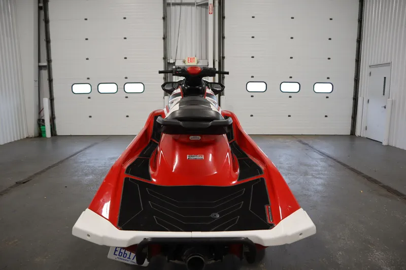 Slide: The Image of Red 2018 Yamaha GP1800 jet ski in a garage, rear view. - 6