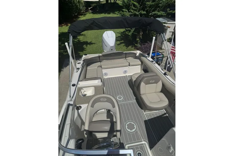 Slide: The Image of 2021 Key West 239 DFS boat interior with seating and canopy, viewed from above. - 8