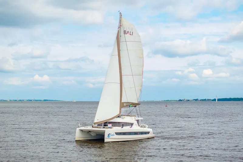 Slide: The Image of 2023 Bali 4.2 catamaran sailing on open water under a cloudy sky. - 110
