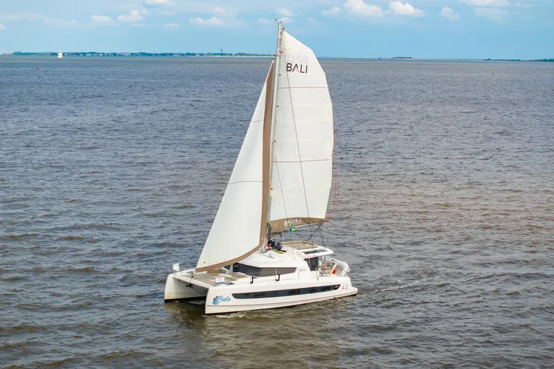 Slide: The Image of 2023 Bali 4.2 catamaran sailing on open sea under clear skies. - 115