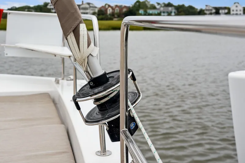 Slide: The Image of Close-up of a 2023 Bali 4.2 yacht's deck with winch and railing. - 41