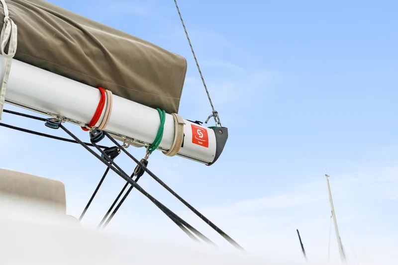 Slide: The Image of Sailboat rigging detail on a 2023 Bali 4.2 against a clear blue sky. - 44