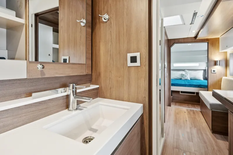 Slide: The Image of Modern interior of 2023 Bali 4.2 yacht featuring a sleek bathroom and cozy bedroom. - 74