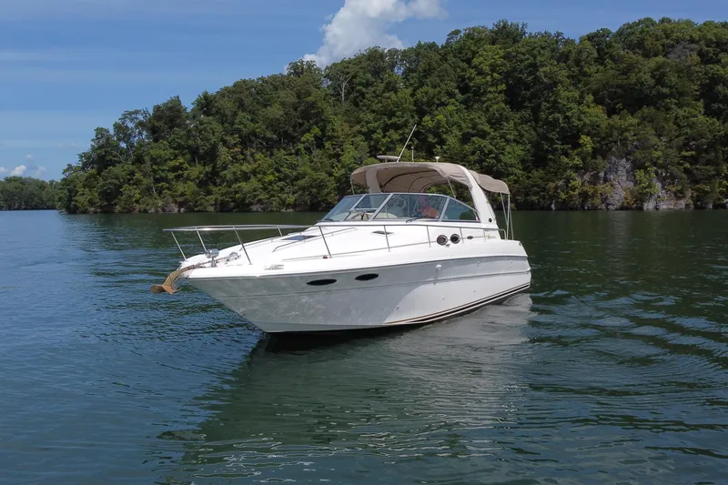 Slide: The Image of 2001 Sea Ray 310 Sundancer cruising on a serene lake with lush green forest backdrop. - 2