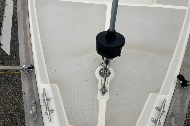 Slide: The Image of Deck of 1990 Island Packet 32 Cutter sailboat, featuring rigging and fittings. - 12