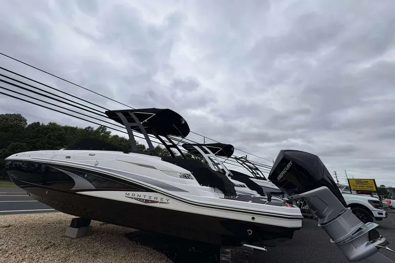 Slide: The Image of 2026 Monterey M65 boat displayed outdoors under cloudy skies. - 3