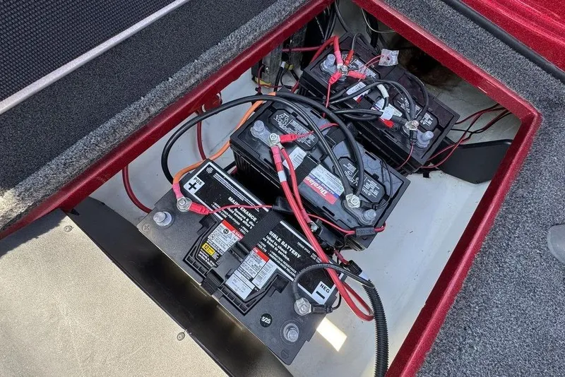 Slide: The Image of Battery compartment of a 2017 Nitro ZV18 boat with multiple connected batteries. - 68