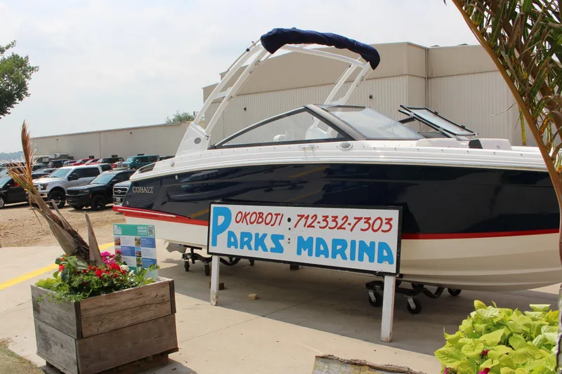 Slide: The Image of 2025 Cobalt R4 boat displayed at Parks Marina, Okoboji. - 1
