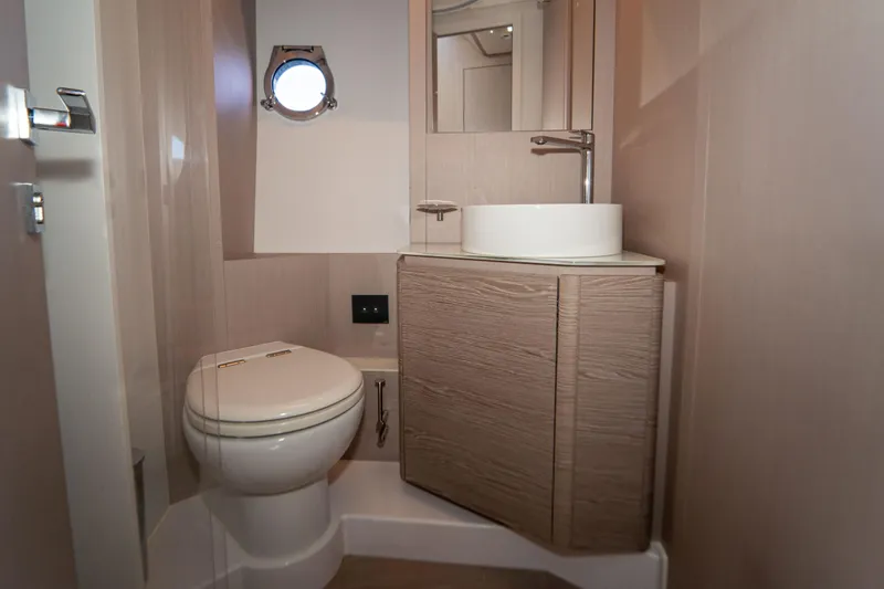 Slide: The Image of Luxurious bathroom in 2022 Ferretti Yachts 500, featuring modern fixtures and elegant design. - 39