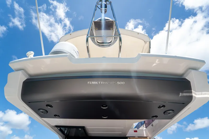 Slide: The Image of 2022 Ferretti Yachts 500, sleek design against a bright blue sky. - 41