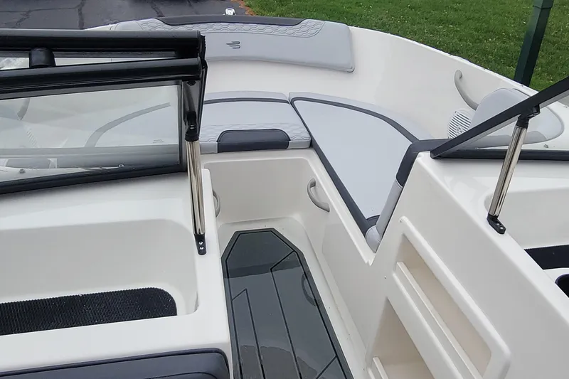 Slide: The Image of 2025 Bayliner Element M17 boat interior with sleek seating and modern design. - 10