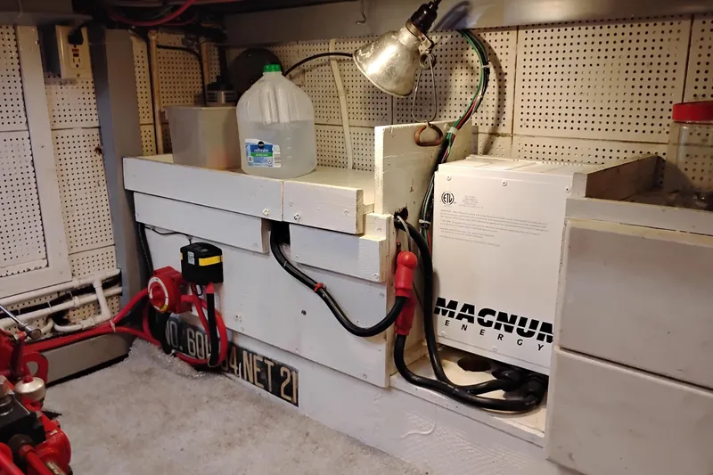 Slide: The Image of Engine room of 1978 Puget 38 Europa Trawler with Magnum Energy equipment. - 63