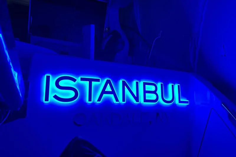 Slide: The Image of Blue neon "Istanbul" sign on 2008 Azimut 55 Fly yacht. - 11
