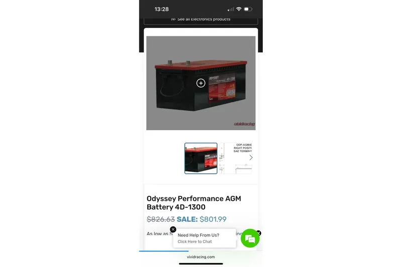 Slide: The Image of Odyssey Performance AGM Battery 4D-1300 on sale, displayed on a mobile screen. - 77