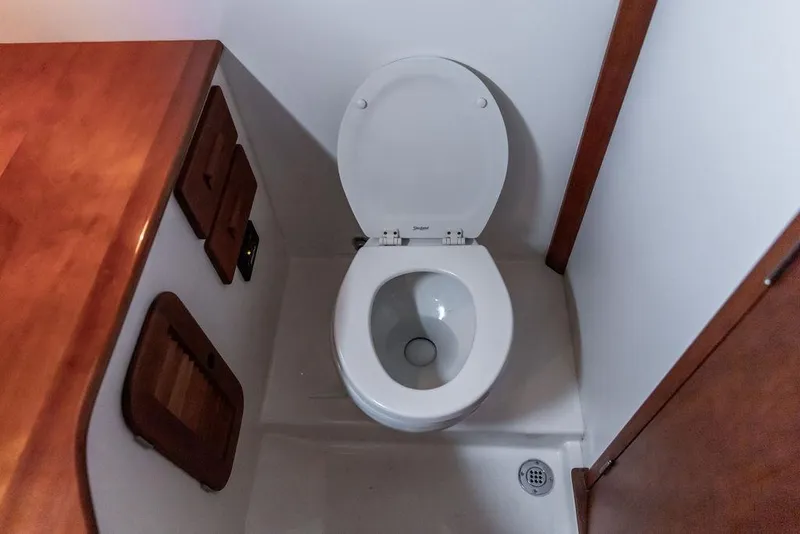 Slide: The Image of Hinckley Picnic Boat MKIII 2010 bathroom interior with wooden accents and toilet. - 25