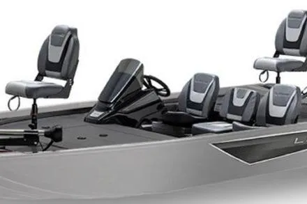 Slide: The Image of 2026 Lowe Stinger 175C fishing boat with Mercury outboard engine, parked on trailer. - 1