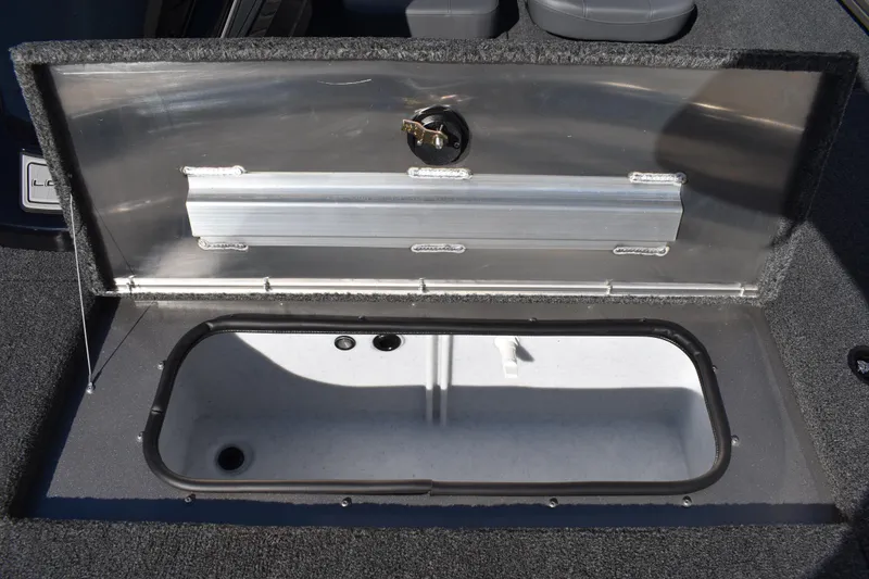 Slide: The Image of 2026 Lowe Stinger 175C boat seat, gray and black design, on deck. - 17