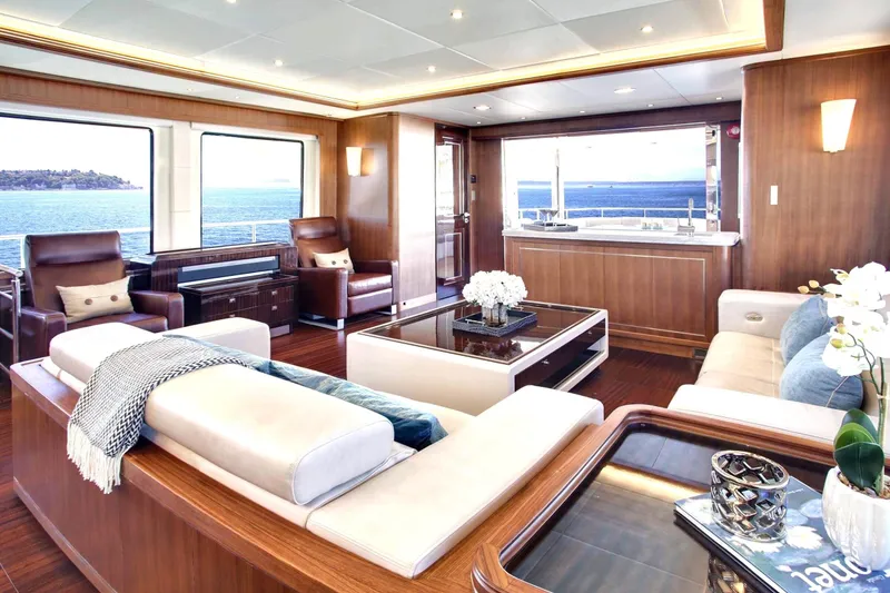 Slide: The Image of Luxurious interior of 2026 Selene 92 Ocean Explorer yacht with elegant furnishings and ocean views. - 2