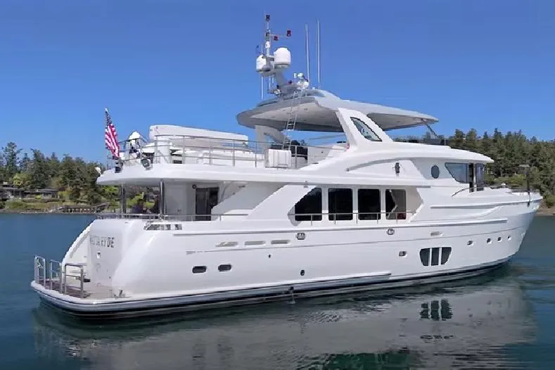 Slide: The Image of Luxury 2026 Selene 92 Ocean Explorer yacht on serene water, showcasing elegant design. - 25