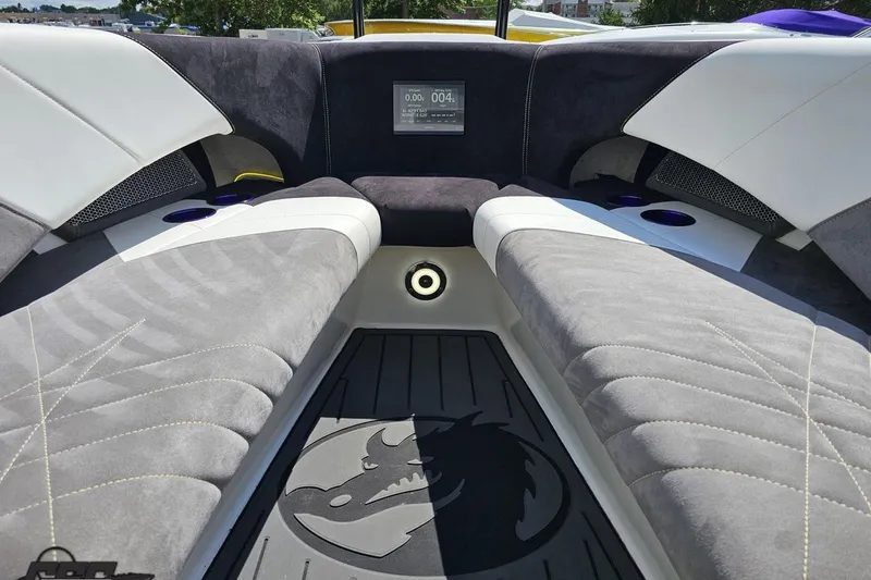 Slide: The Image of 2008 Nordic Powerboats 35 Flame MCOB interior with plush seating and modern dashboard. - 100