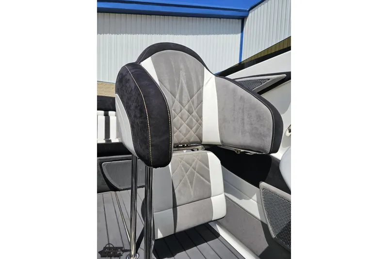 Slide: The Image of 2008 Nordic Powerboats 35 Flame MCOB seat with gray and white upholstery, diamond stitching. - 112