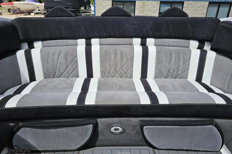 Slide: The Image of 2008 Nordic Powerboats 35 Flame MCOB interior with gray and white striped seating. - 116