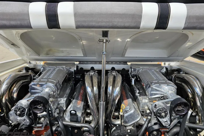 Slide: The Image of 2008 Nordic Powerboats 35 Flame MCOB engine compartment with dual supercharged engines. - 120