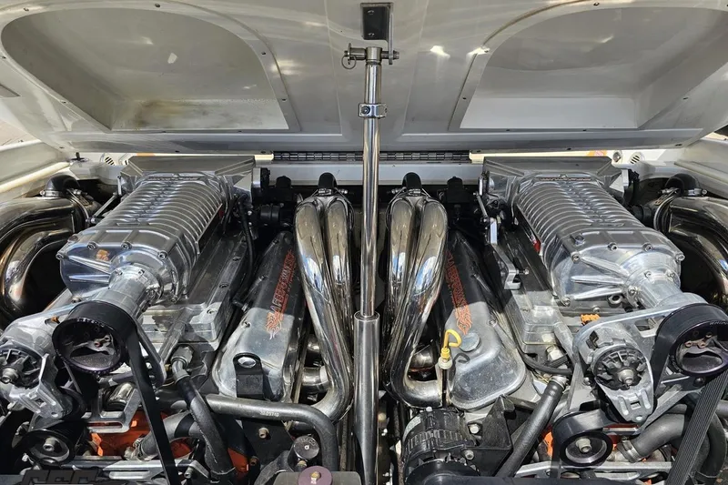 Slide: The Image of 2008 Nordic Powerboats 35 Flame MCOB engine compartment with dual supercharged engines. - 121