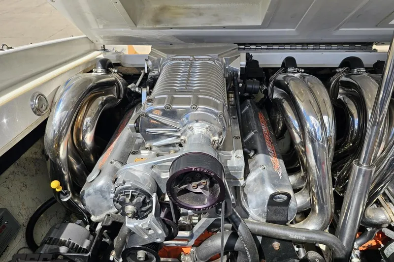 Slide: The Image of 2008 Nordic Powerboats 35 Flame MCOB engine with polished components and supercharger. - 122