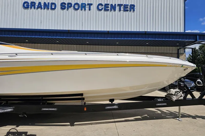 Slide: The Image of 2008 Nordic Powerboats 35 Flame MCOB at Grand Sport Center, white with yellow accents. - 13