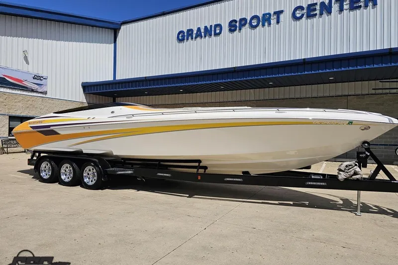 Slide: The Image of 2008 Nordic Powerboats 35 Flame MCOB on trailer at Grand Sport Center. - 15