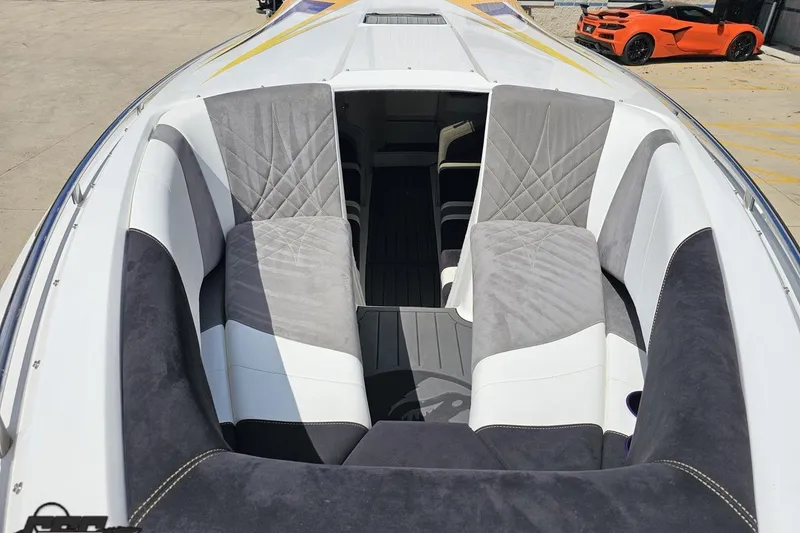 Slide: The Image of 2008 Nordic Powerboats 35 Flame MCOB interior with gray and white seating. - 20