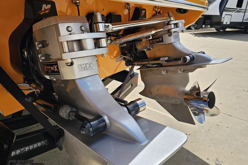 Slide: The Image of 2008 Nordic Powerboats 35 Flame MCOB with dual propeller drives, close-up view. - 36