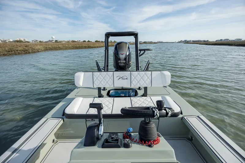 Slide: The Image of Vtech 18 boat, 2025 model, on calm water with modern seating and engine. - 16