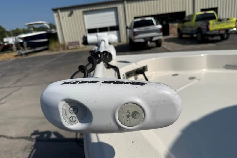 Slide: The Image of Close-up of a 2018 Carolina Skiff 23LX boat with i-Pilot trolling motor. - 17