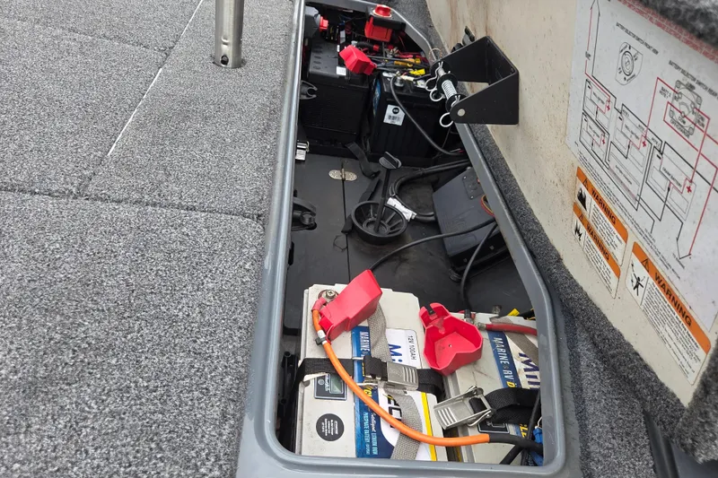 Slide: The Image of 2022 Ranger Z520R boat battery compartment with wiring and safety instructions. - 11
