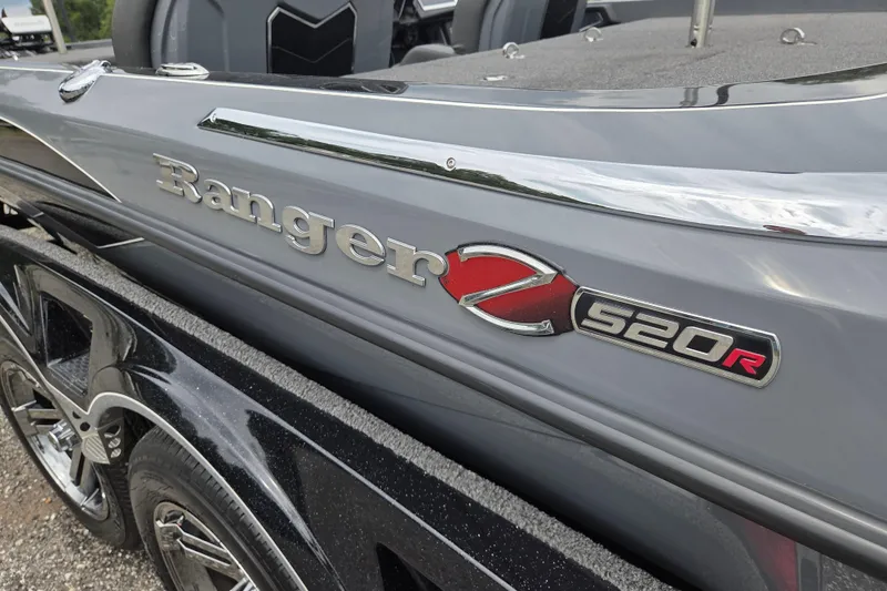 Slide: The Image of 2022 Ranger Z520R boat, sleek gray design with chrome accents and logo detailing. - 18