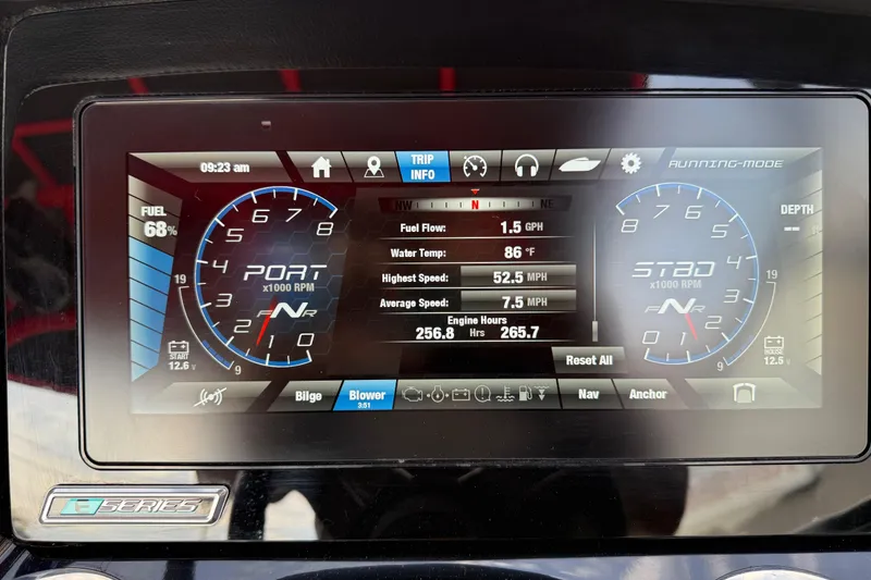 Slide: The Image of Yamaha Boats 2019 242X E-Series dashboard display showing speed, fuel, and engine data. - 51