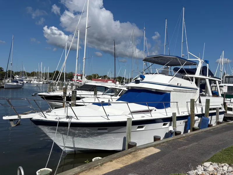 The Image of 1987 Hi-Star 48 Sundeck yacht docked at marina under clear blue sky. - 0