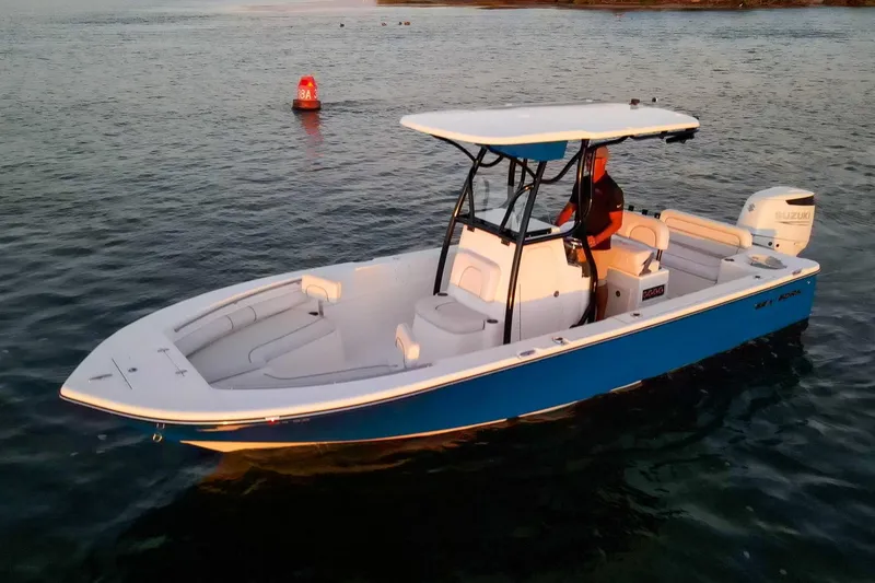 The Image of 2021 Sea Born LX24 Center Console boat cruising on calm waters at sunset. - 0