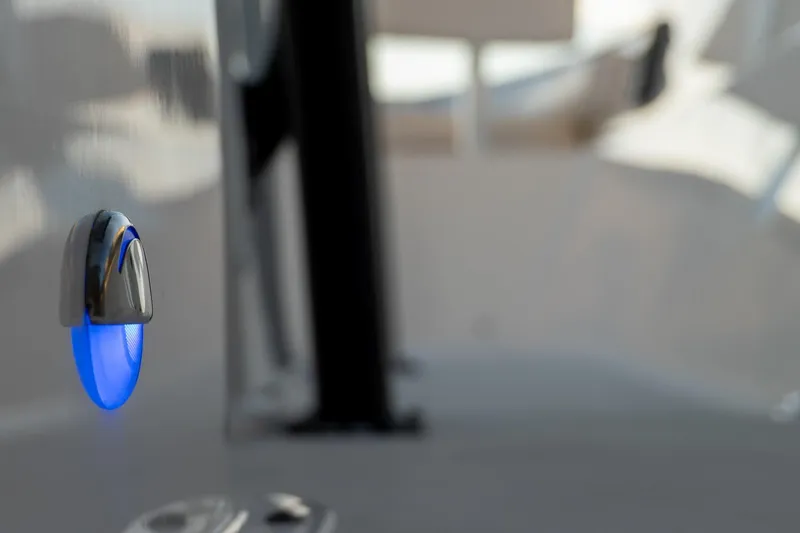Slide: The Image of Close-up of a 2021 Sea Born LX24 Center Console boat's blue LED light. - 19